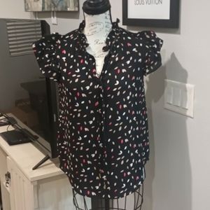 Anne Klein, blue, pink and tan, xs blouse. Worn once, has ruffled short sleeves.